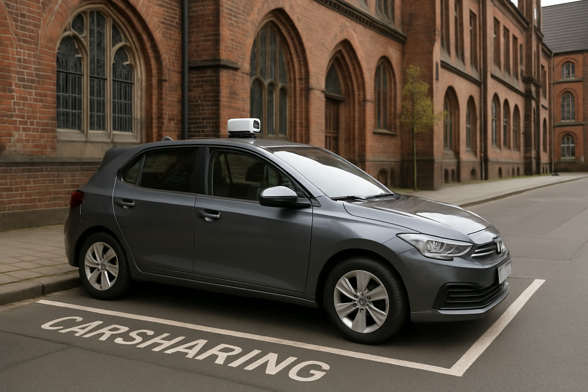 Modernes Carsharing-Fahrzeug an einer markierten Parkfläche in einer Bremer Straße mit historischer Backsteinarchitektur im Hintergrund